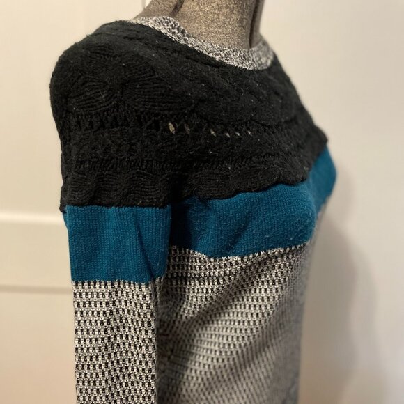 Vtg Mixed-pattern knit Ronson sweater, Medium, chunky Teal black gray top M - Picture 3 of 7